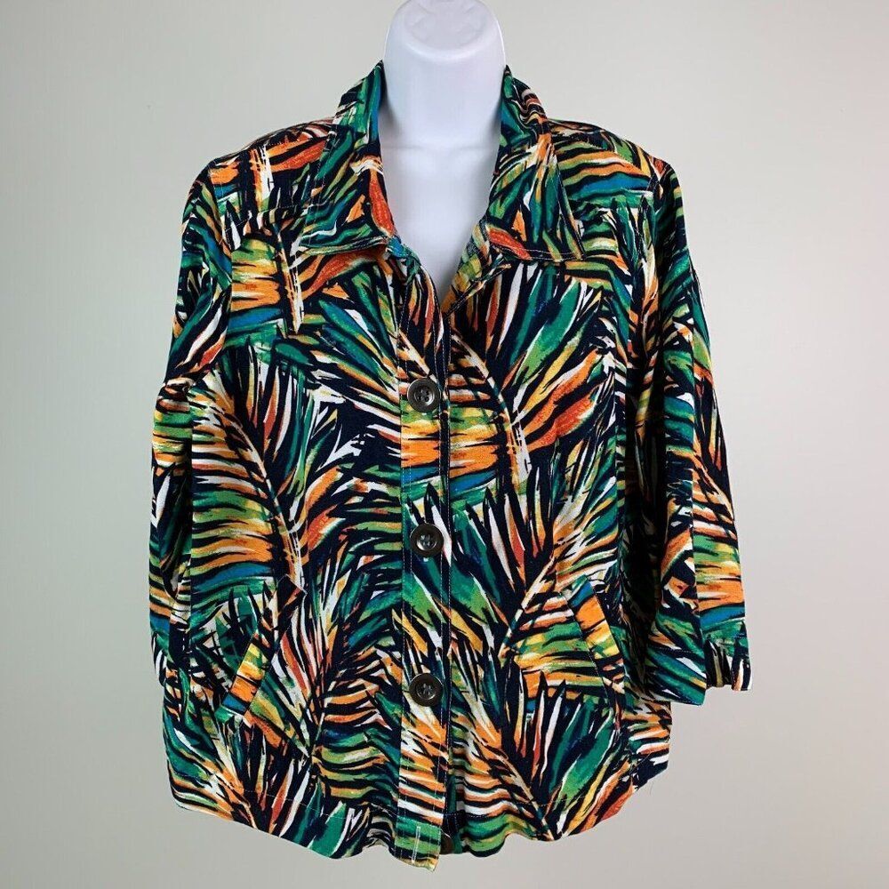 Christopher & Banks Jacket sz XL Button Front Colorful Pattern Linen Blend 3/4 S